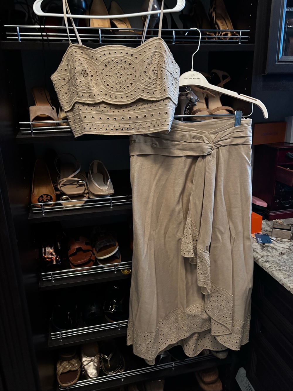Jason Wu 2-Piece Linen-Blend Geometric Eyelet Crop Top & Midi Skirt Set in Sand